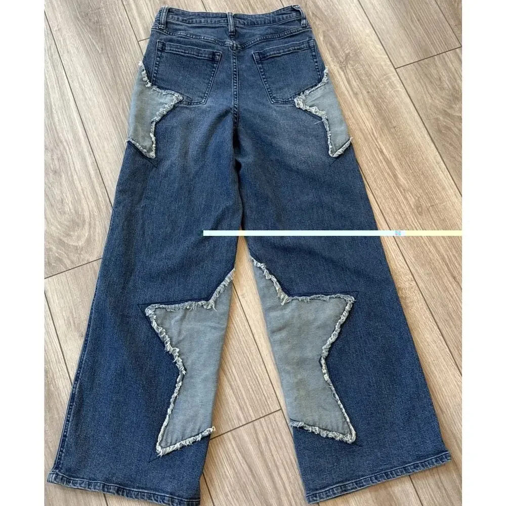 Hot Topic Star Patchwork Wide Leg Blue Denim Jeans Skate Alt Y2K Retro size 5